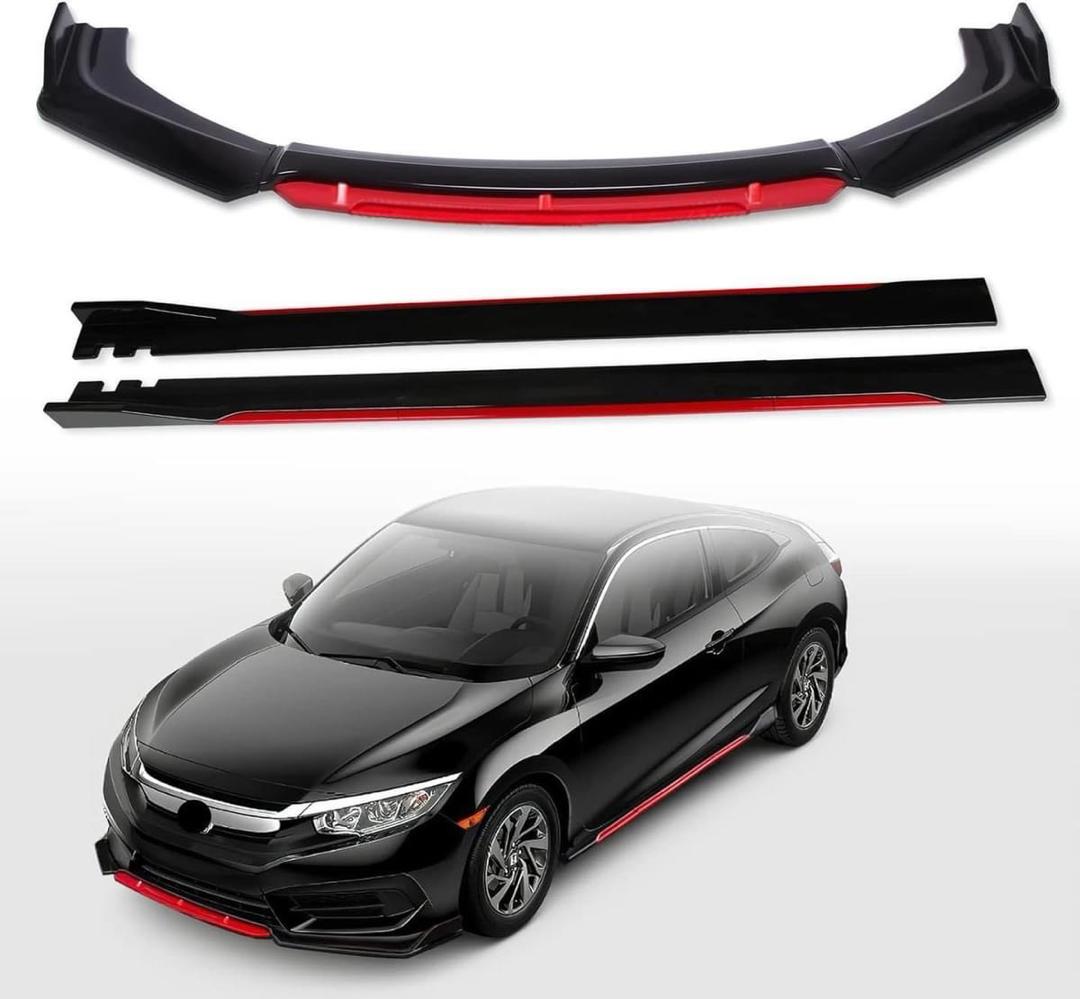 3-Piece Front Lip & Side Skirt Kit – Red & Black