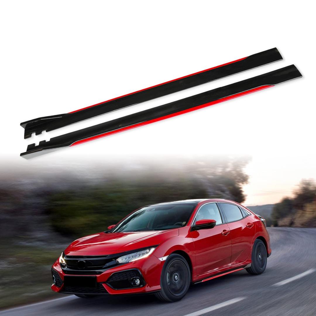 Honda Civic Side Skirt Extensions – Gloss Black with Red Accent Line (Pair)